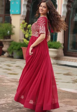 Embroidered Georgette Gown in Fuchsia