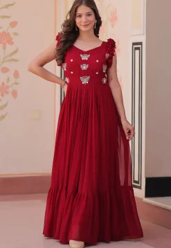 Embroidered Georgette Gown in Maroon
