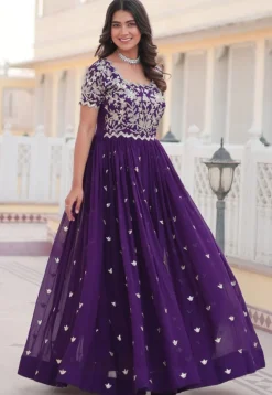 Embroidered Georgette Gown in Purple
