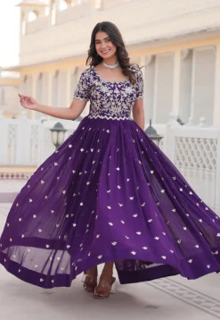Embroidered Georgette Gown in Purple