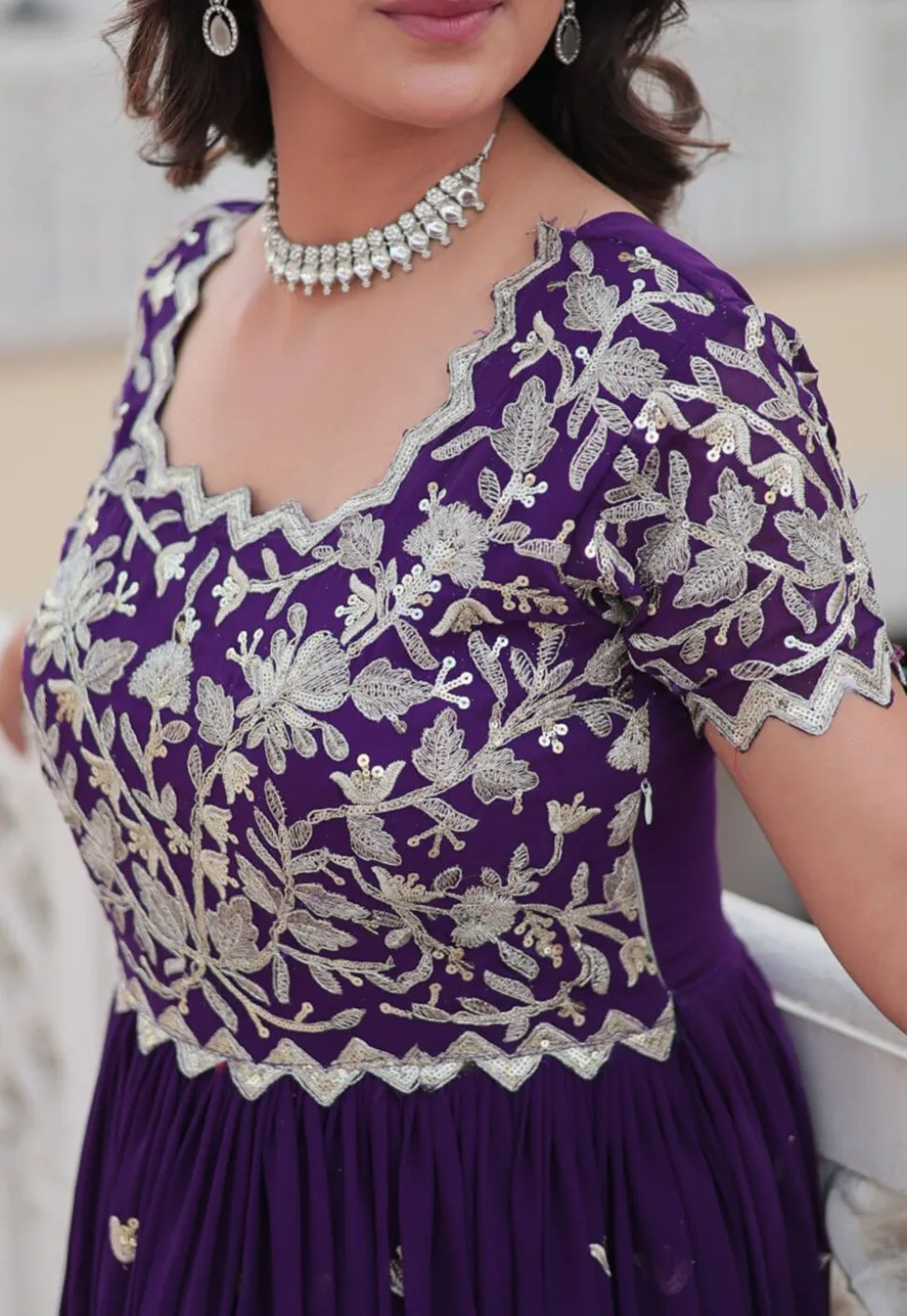 Embroidered Georgette Gown in Purple