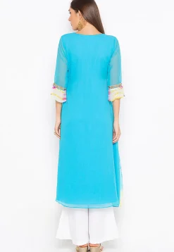 Embroidered Georgette High Low Kurta in Sky Blue