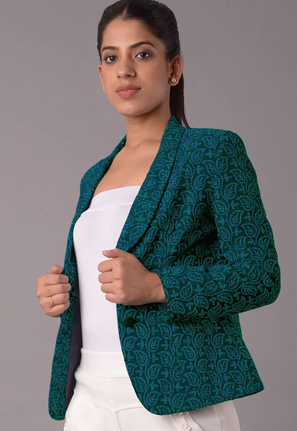 Embroidered Georgette Jacket in Teal Blue