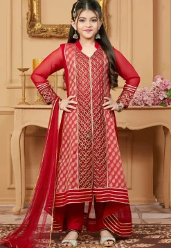 Embroidered Georgette Jacquard Pakistani Suit in Red