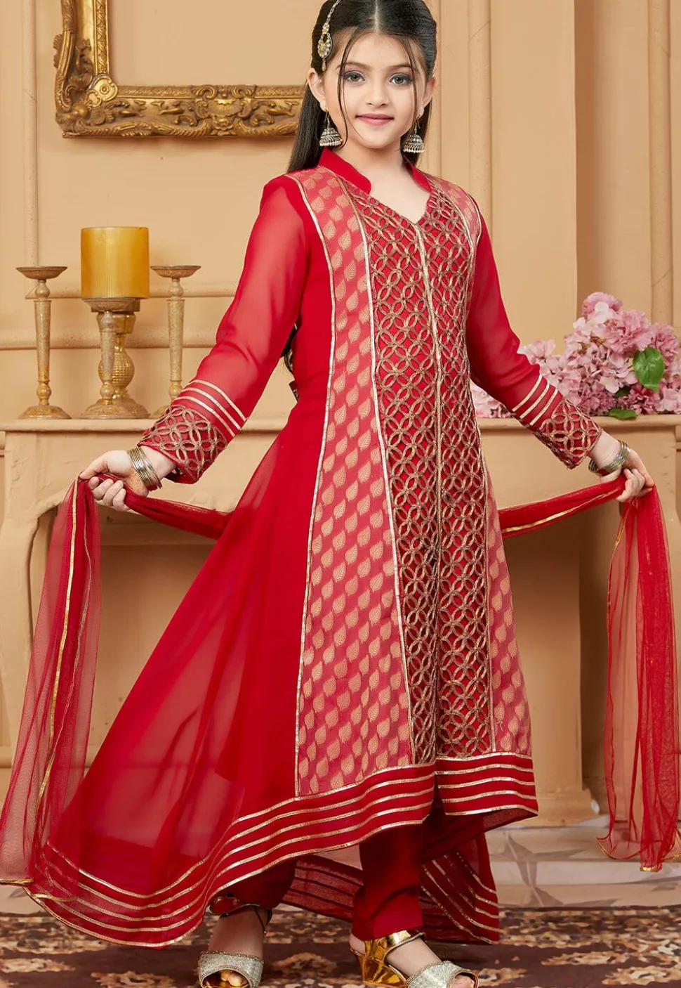Embroidered Georgette Jacquard Pakistani Suit in Red