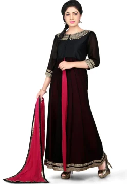 Embroidered Georgette Jacket Style Abaya Style Suit in Black