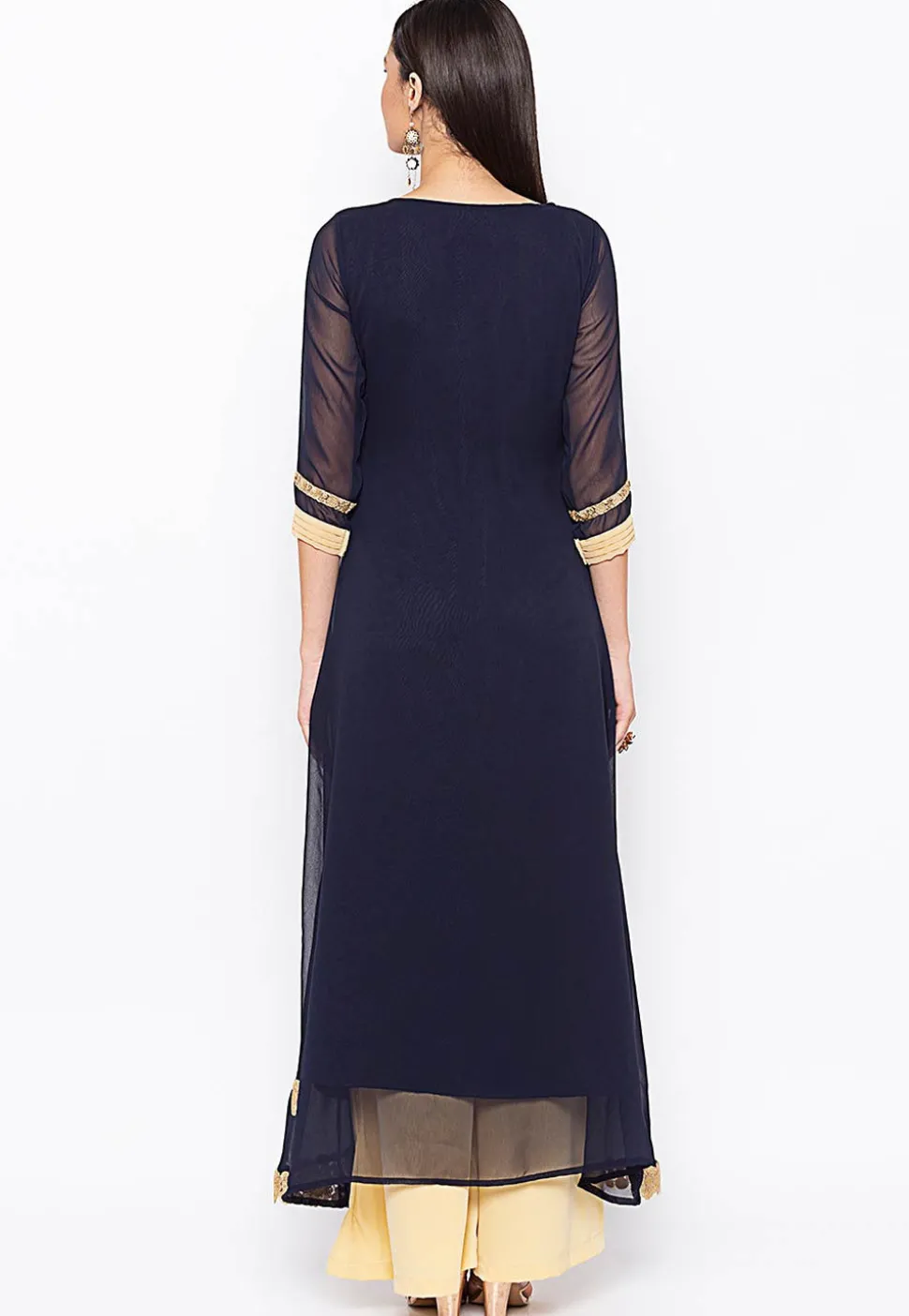 Embroidered Georgette Jacket Style Kurta in Navy Blue and Beige