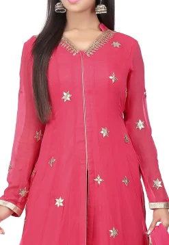 Embroidered Georgette Jacket Style Abaya Suit in Coral