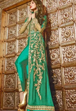 Embroidered Georgette Jacket Style Abaya Suit in Teal Green