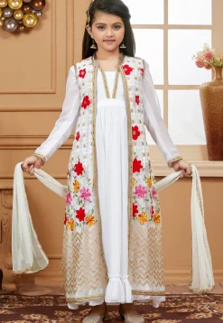 Embroidered Georgette Jacquard Abaya Style Suit in Off White