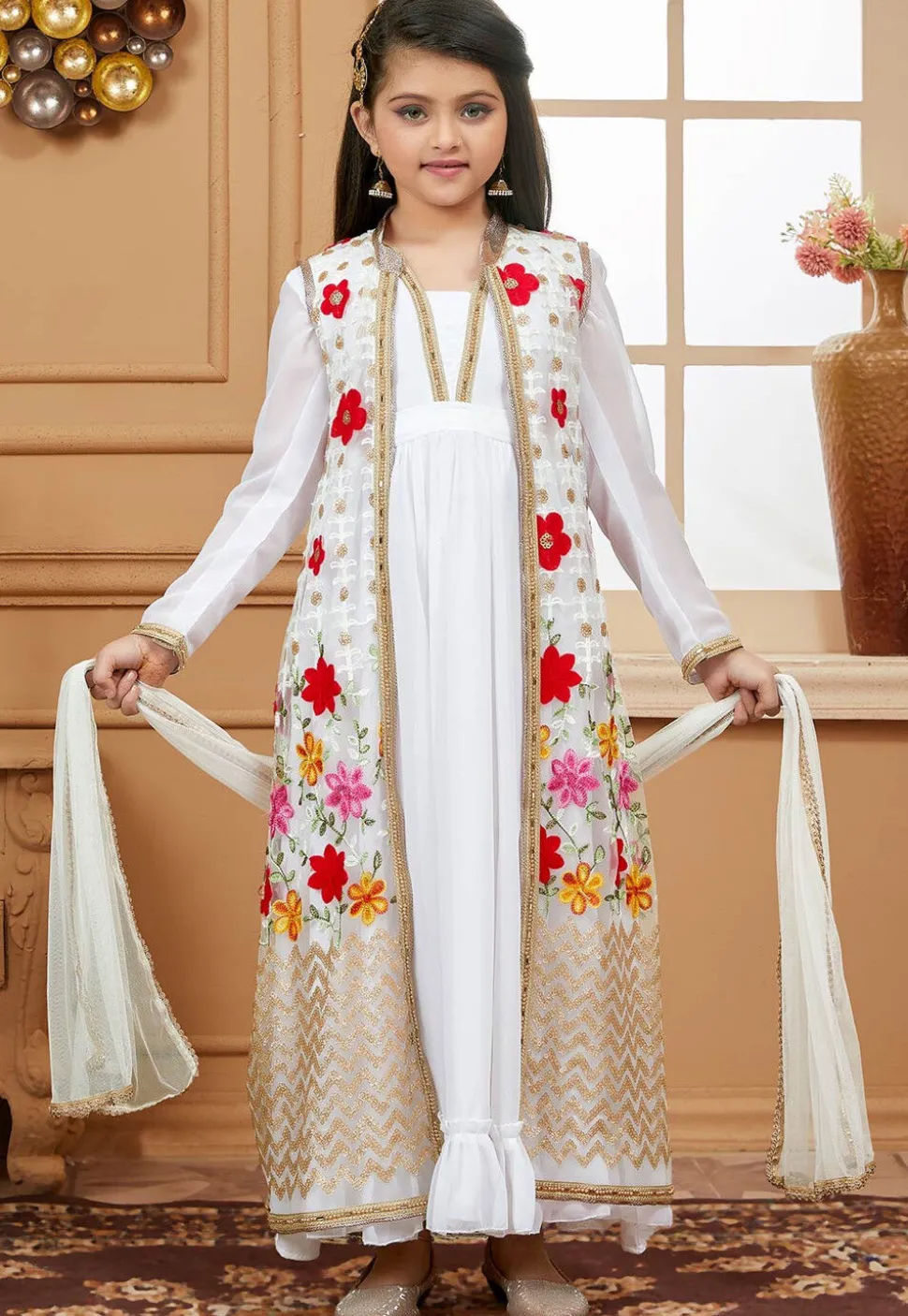 Embroidered Georgette Jacquard Abaya Style Suit in Off White