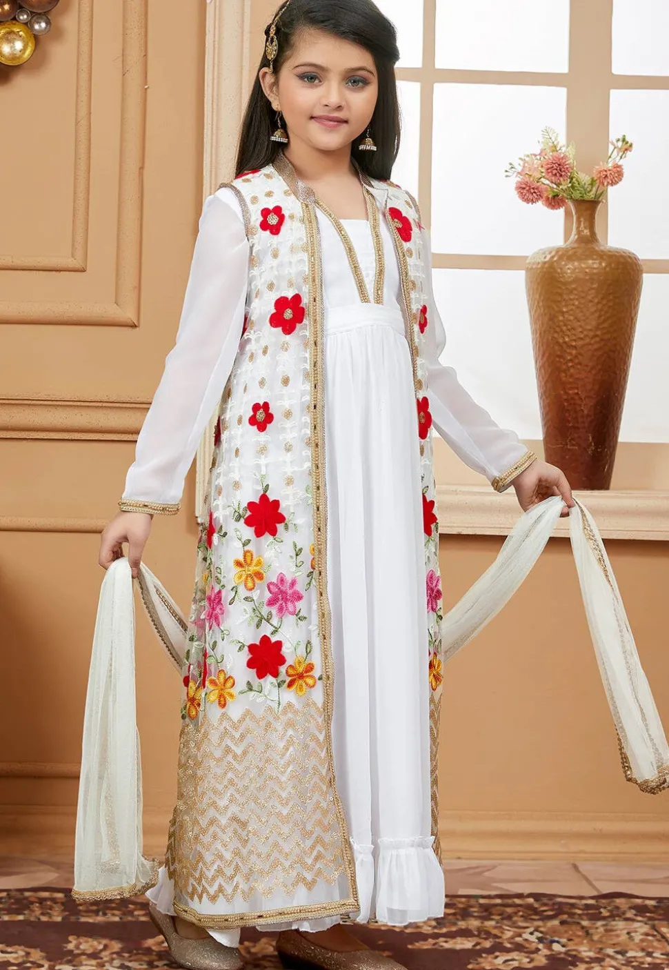 Embroidered Georgette Jacquard Abaya Style Suit in Off White