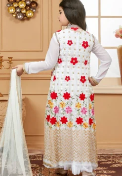 Embroidered Georgette Jacquard Abaya Style Suit in Off White