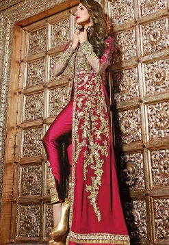 Embroidered Georgette Jacket Style Abaya Suit in Fuchsia