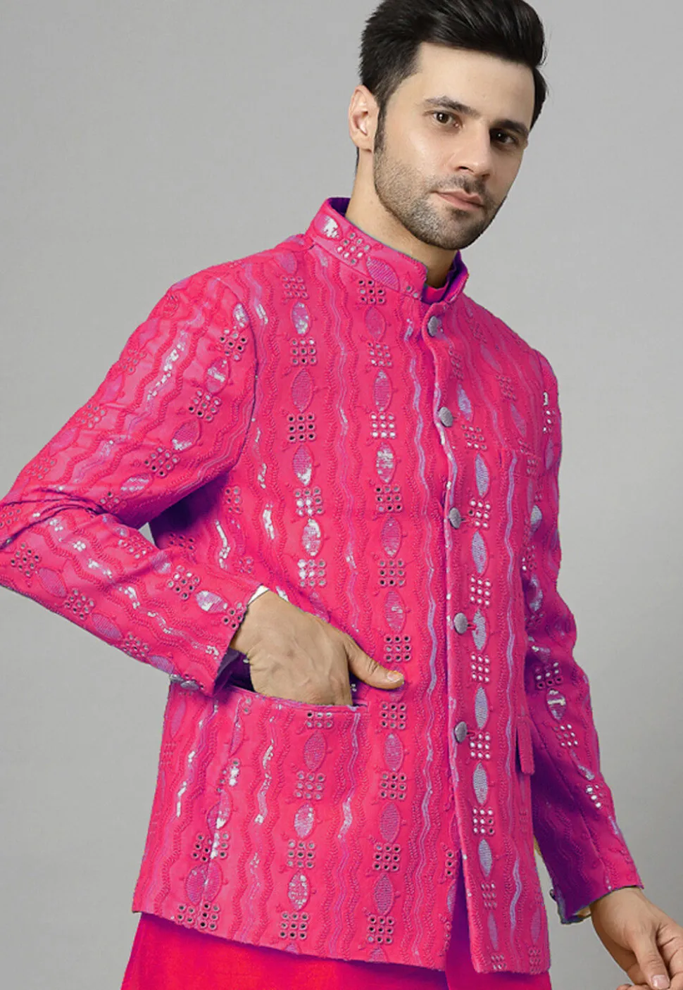 Embroidered Georgette Jodhpuri Jacket in Fuchsia