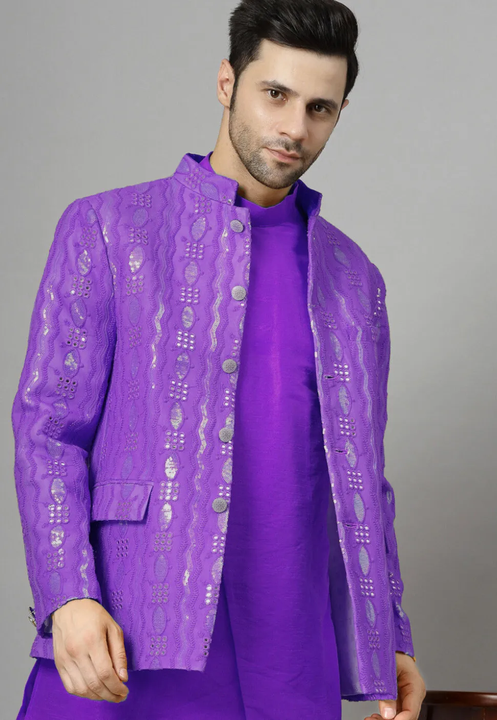 Embroidered Georgette Jodhpuri Jacket in Purple