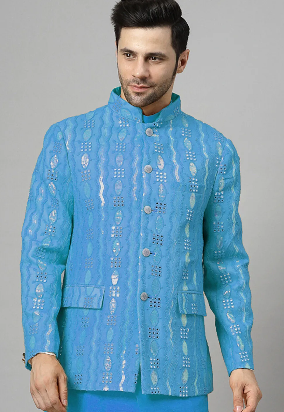 Embroidered Georgette Jodhpuri Jacket in Sky Blue