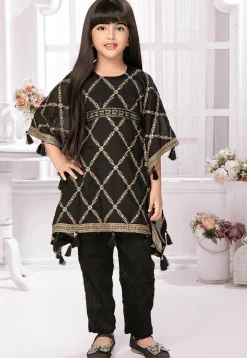 Embroidered Georgette Kaftan Set in Black