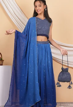 Embroidered Georgette Knife Pleated Lehenga in Shaded Blue