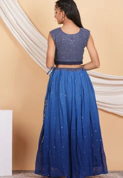 Embroidered Georgette Knife Pleated Lehenga in Shaded Blue