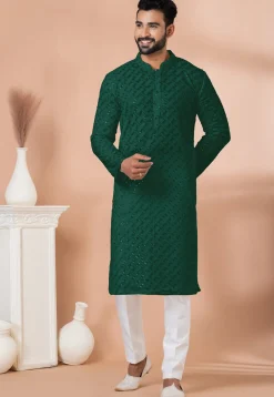 Embroidered Georgette Kurta Set in Dark Green
