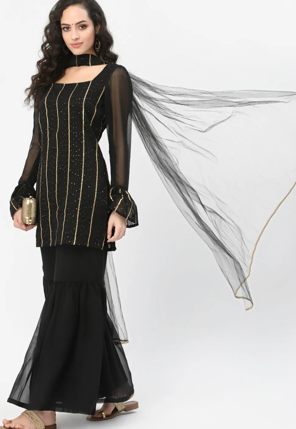 Embroidered Georgette Kurti in Black