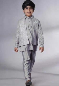 Embroidered Georgette Kurta Set in Grey