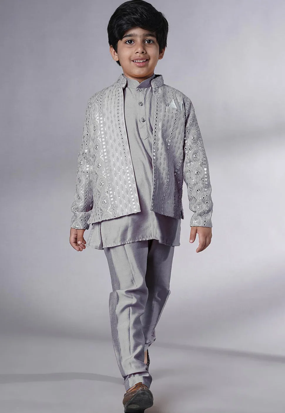 Embroidered Georgette Kurta Set in Grey