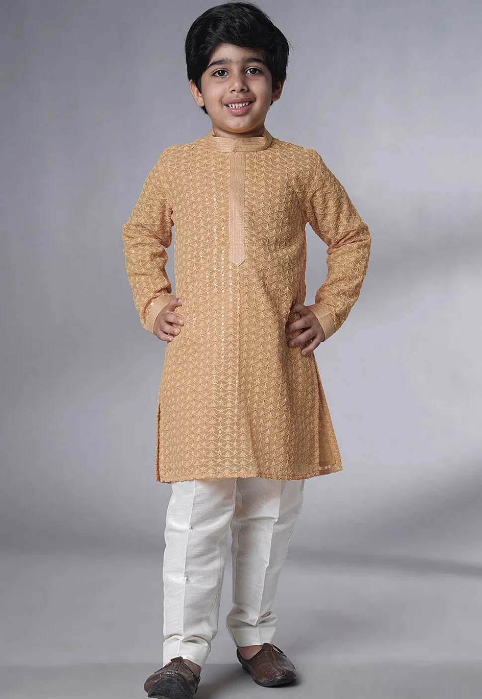Embroidered Georgette Kurta Set in Beige