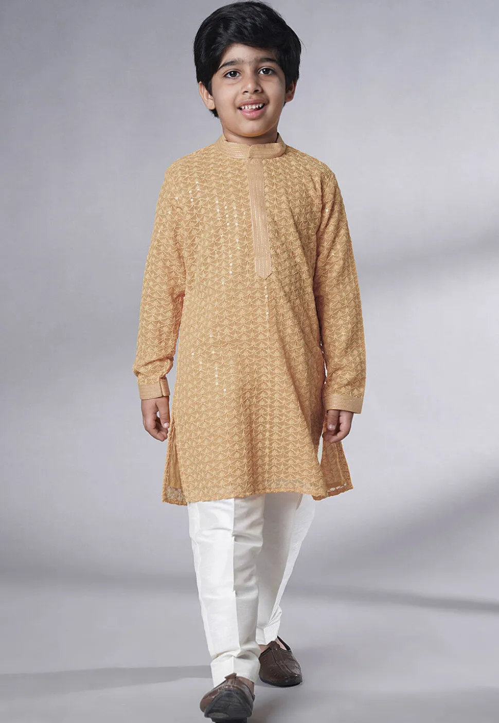 Embroidered Georgette Kurta Set in Beige