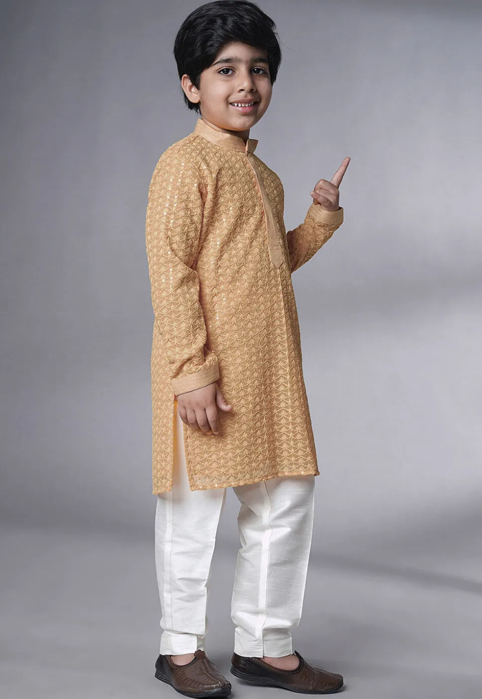 Embroidered Georgette Kurta Set in Beige
