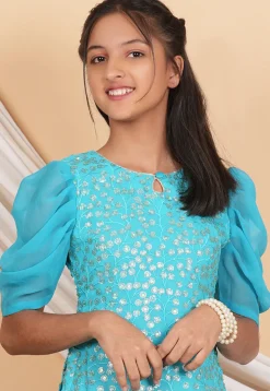 Embroidered Georgette Kurti Set in Turquoise