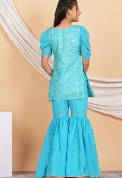 Embroidered Georgette Kurti Set in Turquoise