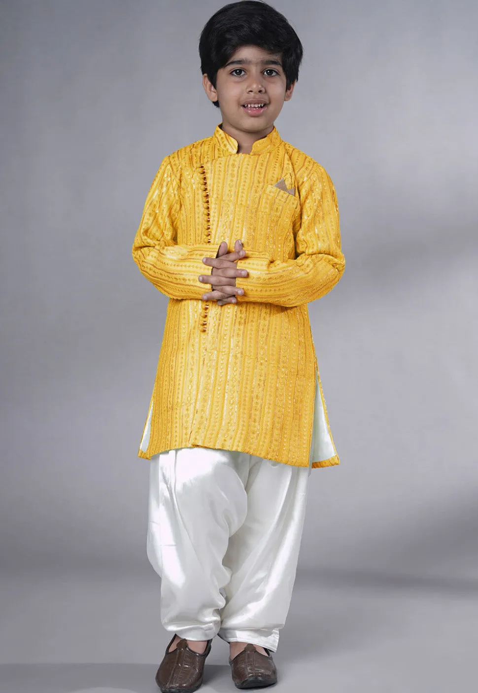 Embroidered Georgette Kurta Set in Yellow