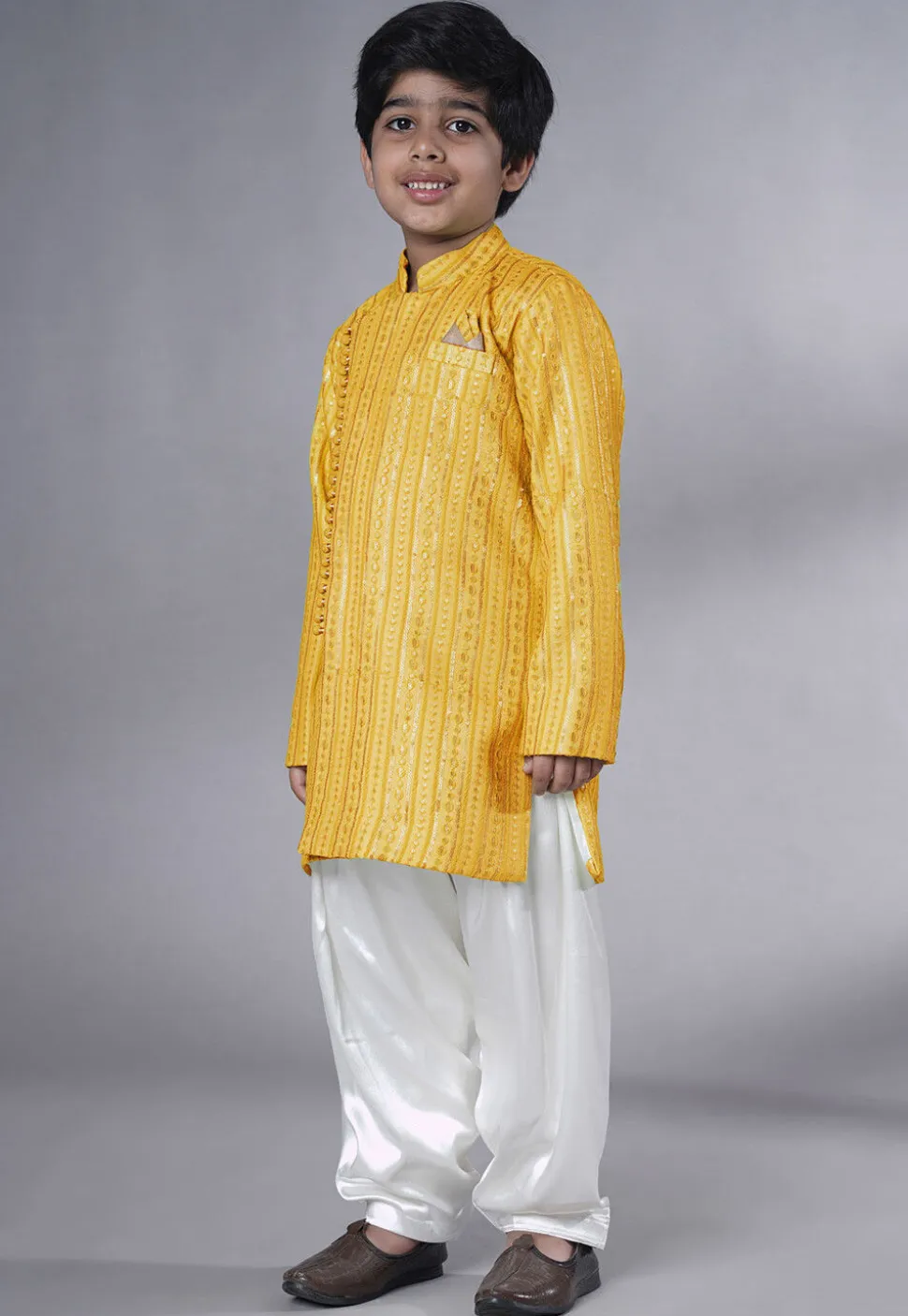 Embroidered Georgette Kurta Set in Yellow