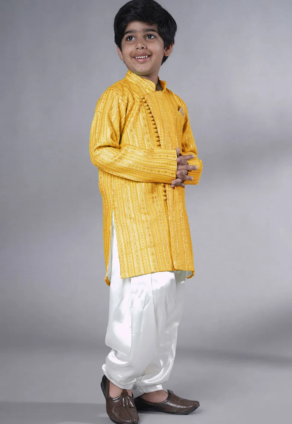 Embroidered Georgette Kurta Set in Yellow