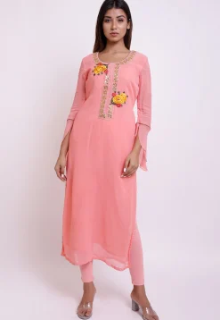 Embroidered Georgette Kurta in Peach