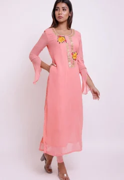 Embroidered Georgette Kurta in Peach