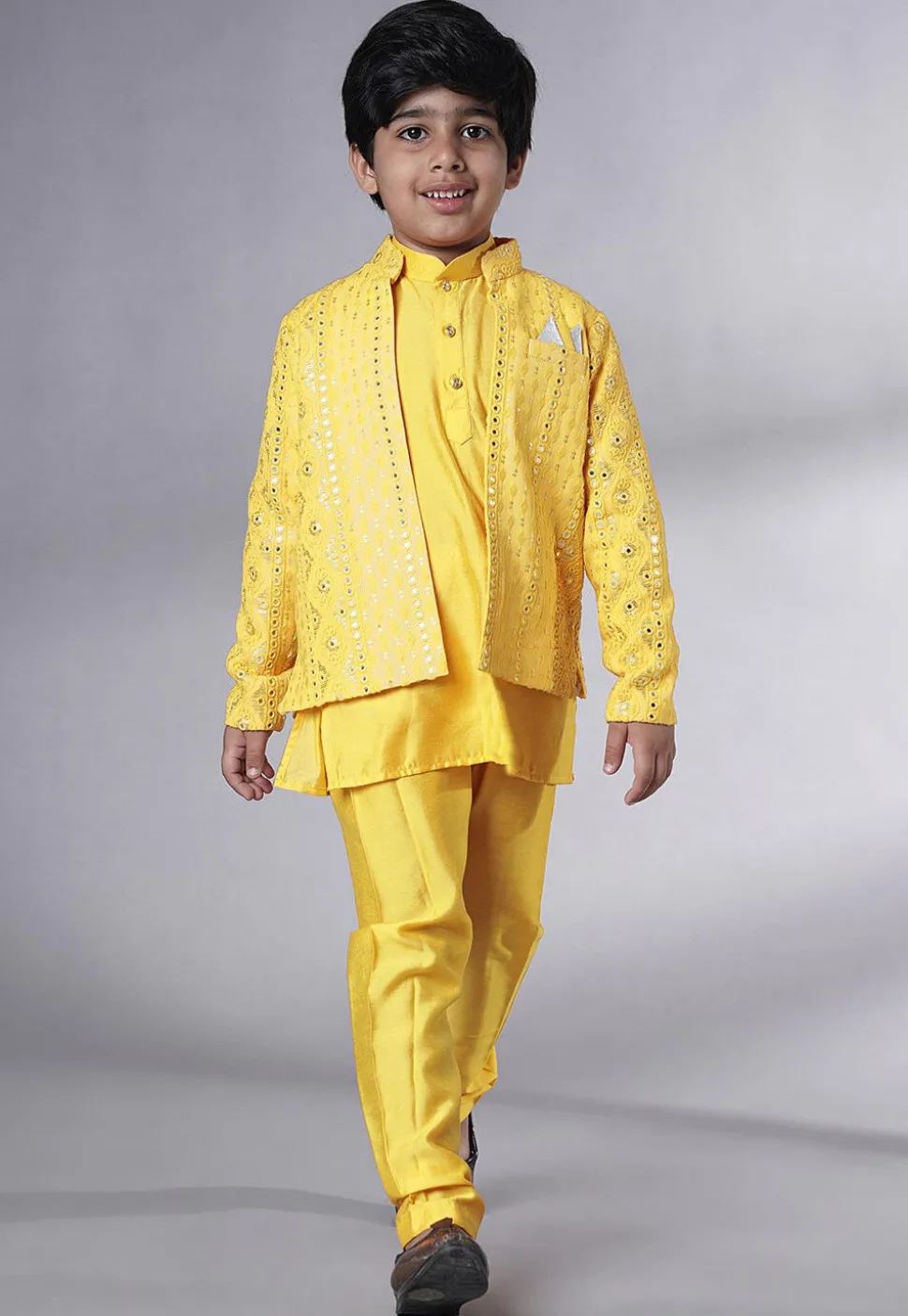 Embroidered Georgette Kurta Set in Yellow