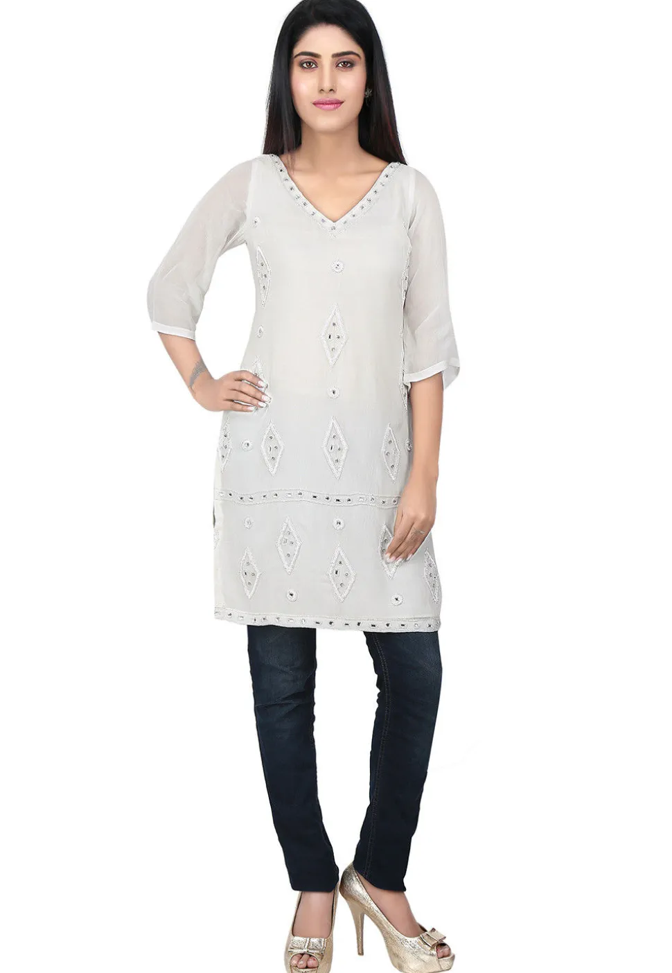 Embroidered Georgette Kurti in White