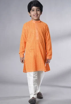Embroidered Georgette Kurta Set in Orange