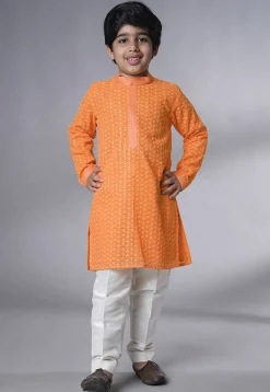 Embroidered Georgette Kurta Set in Orange