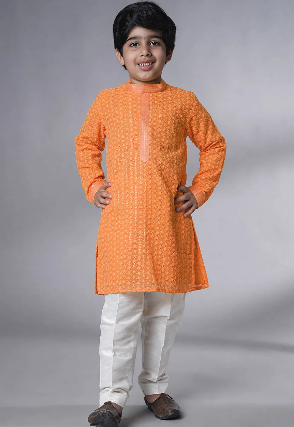 Embroidered Georgette Kurta Set in Orange