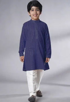 Embroidered Georgette Kurta Set in Navy Blue