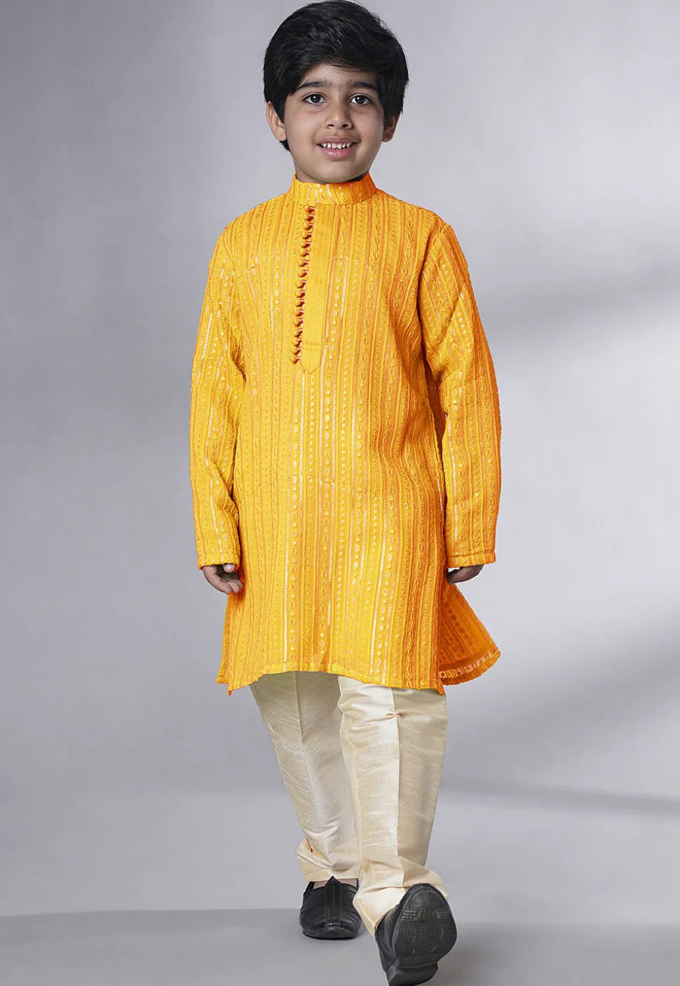 Embroidered Georgette Kurta Set in Yellow