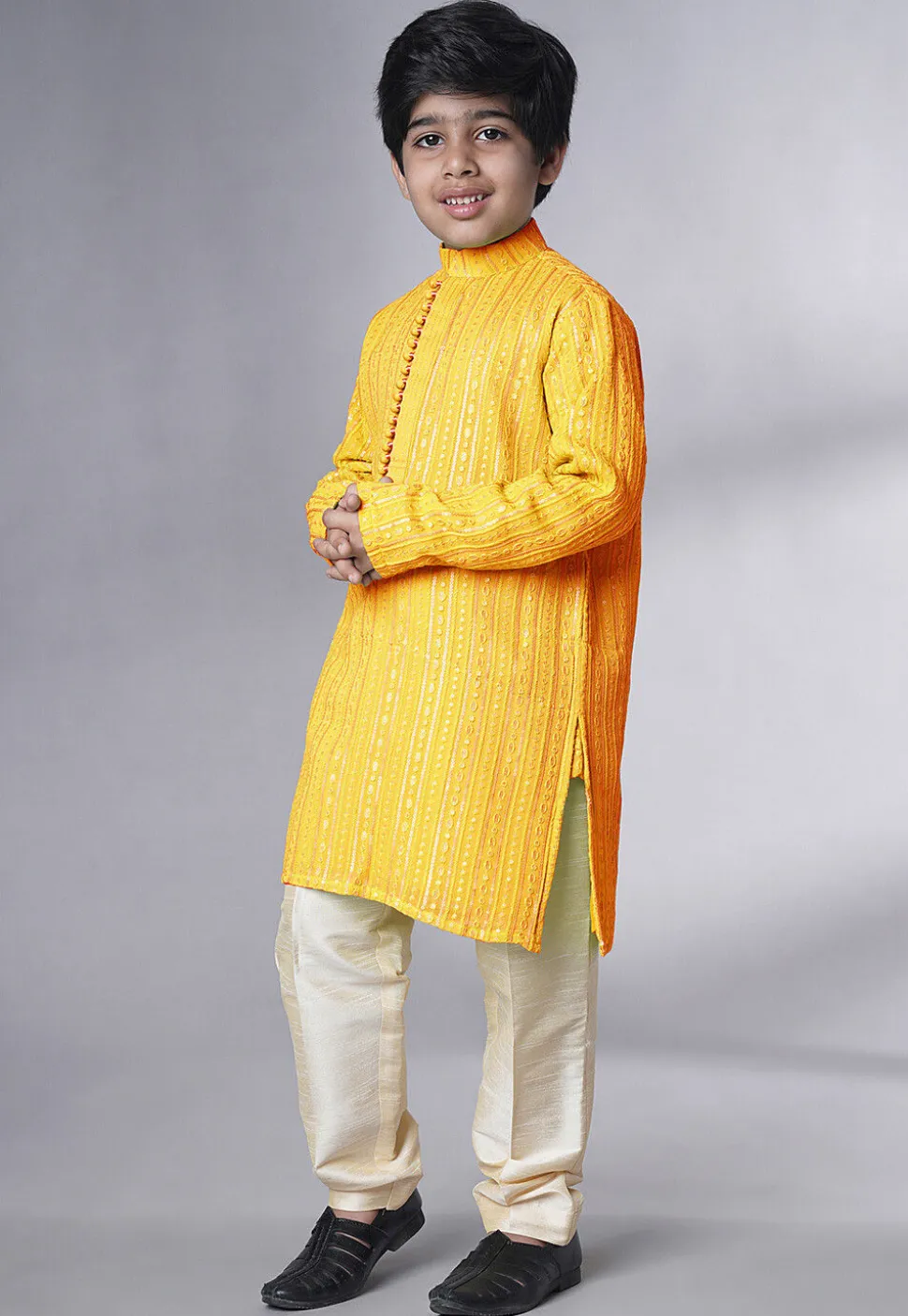 Embroidered Georgette Kurta Set in Yellow