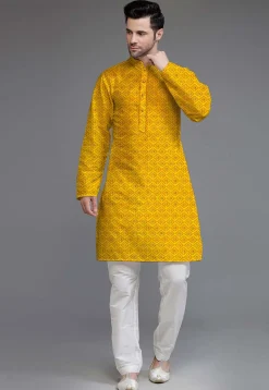 Embroidered Georgette Kurta Set in Yellow