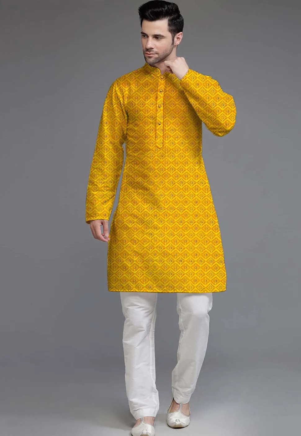 Embroidered Georgette Kurta Set in Yellow