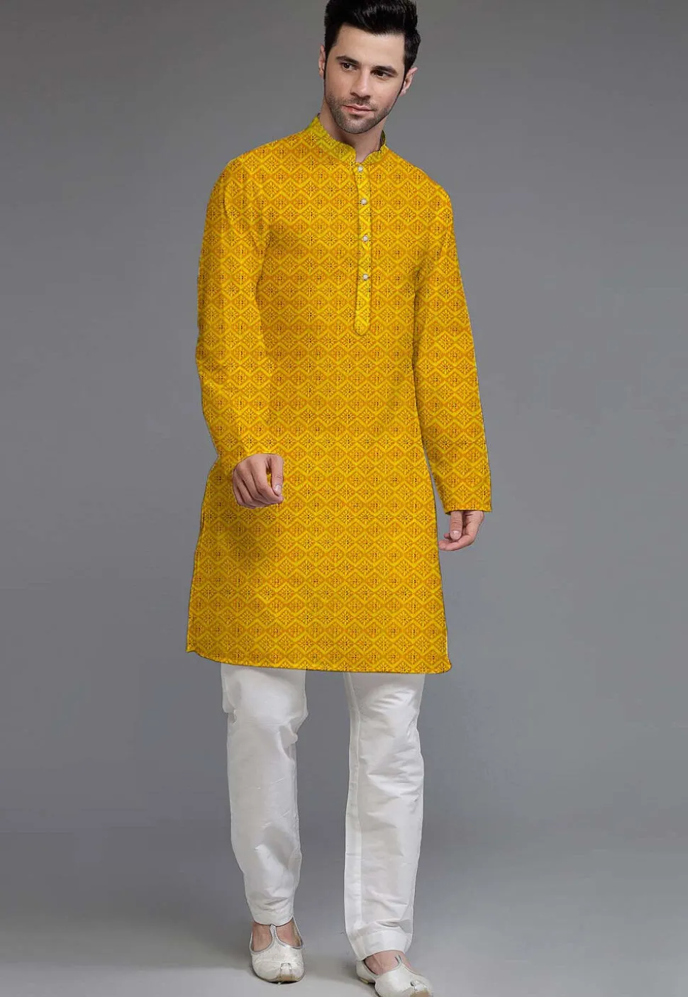 Embroidered Georgette Kurta Set in Yellow