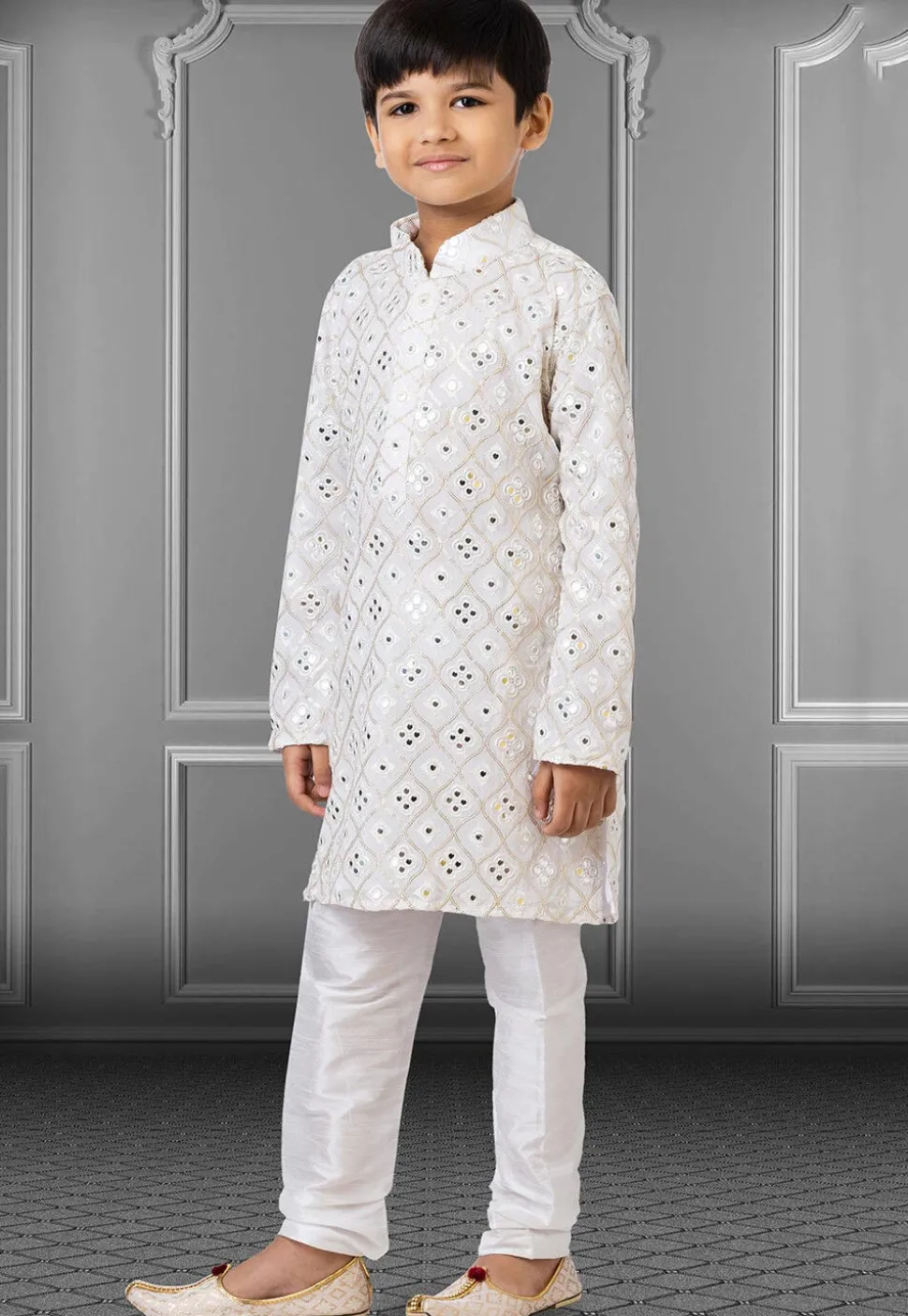 Embroidered Georgette Kurta Set in White